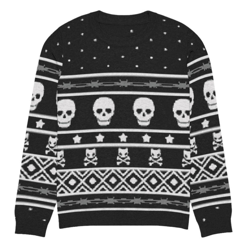 Black long sleeve knit sweater with fair isle design featuring rows of skulls, stars, and barbed wire in bleach white and gray 