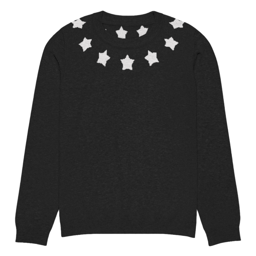 Long sleeve black knit sweater with large bleach white stars encircling the collar