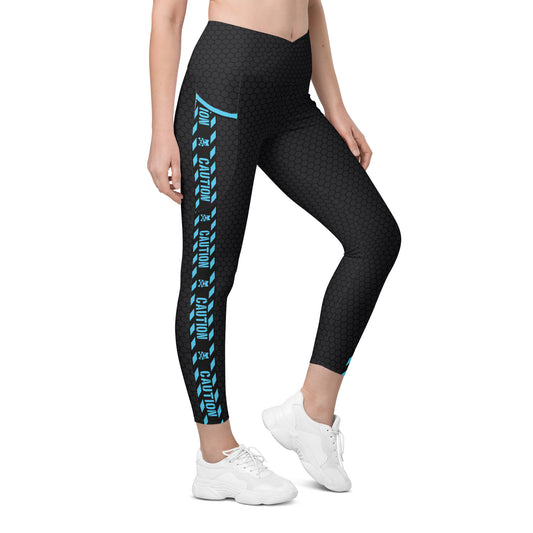 Caution Tape Fitness Leggings with Pockerts -- Aqua