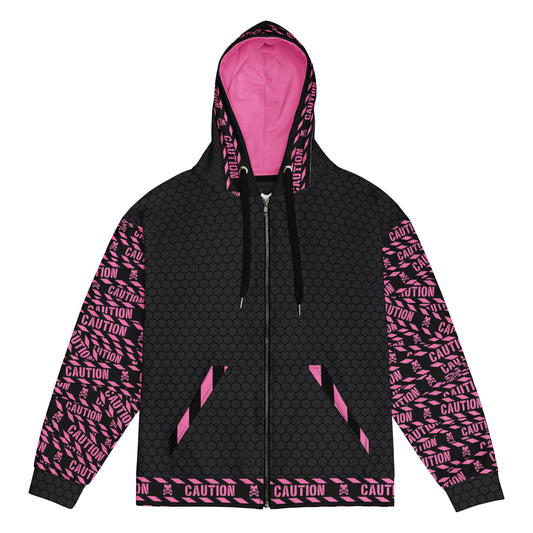 Image shows hoodie against white background. The back and front of the hoodie is a soft black color with a subtle chain link fence pattern with hot pink and black caution tape wrapped around the arms and along the hem and outside the of the hood. Inside the hood is a hot pink 