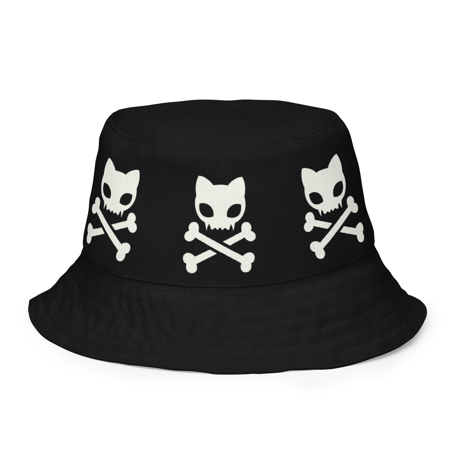 Image shows outside of black bucket hat with three large kitty skull and crossbones symbols wrapped in a row around the hat 