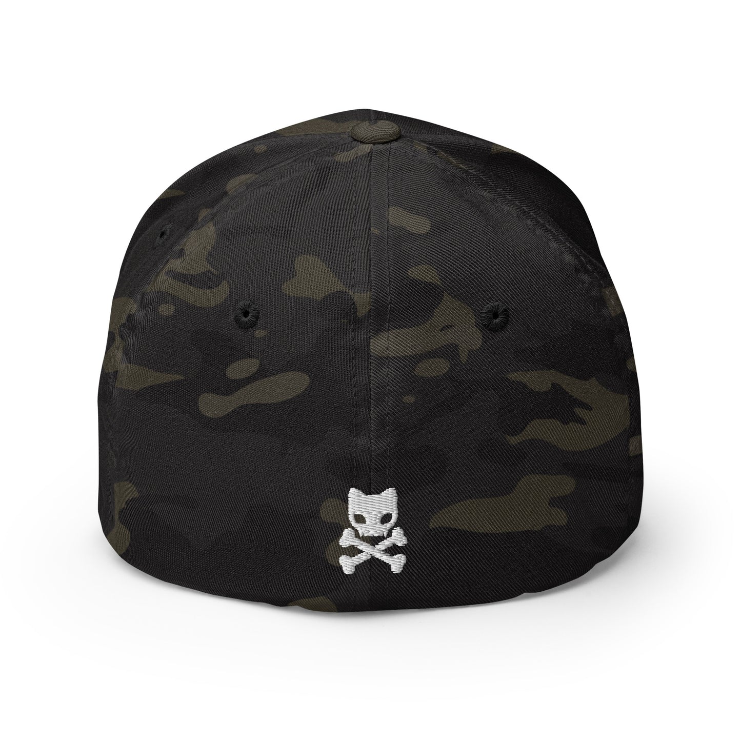 Black camo hat back featuring caution toxic embroidered logo in white 