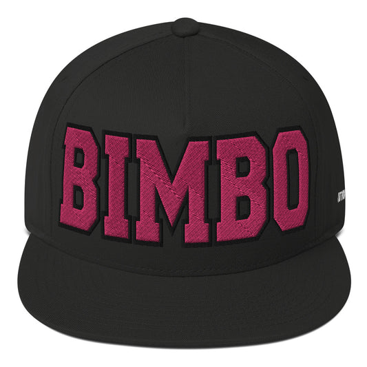 This image shows a flat-brimmed SnapBack hat with the word BIMBO Embroidered in hot pink large bold text front. Featured on the back is a small embroidered Caution: Toxic logo 