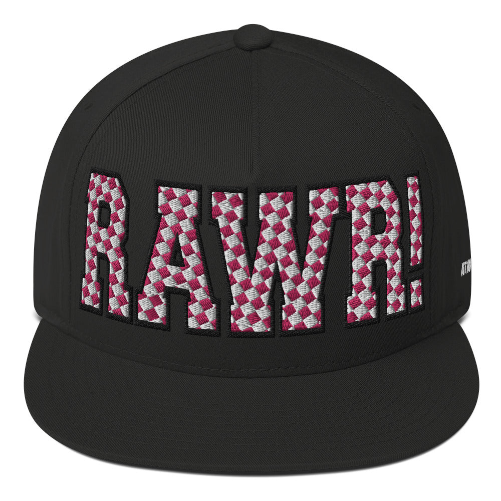 This image shows a flat-brimmed SnapBack hat with the word RAWR! Embroidered in pink and white checkered large bold text front. Featured on the back is a small embroidered Caution: Toxic logo 