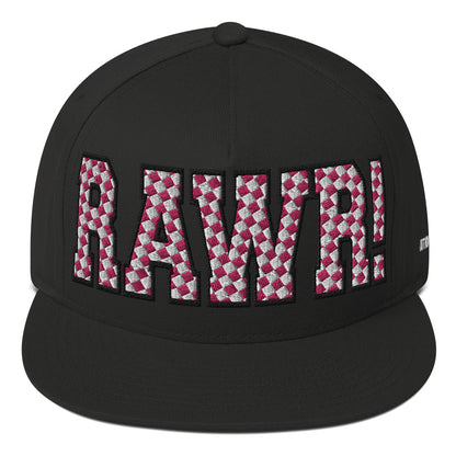 This image shows a flat-brimmed SnapBack hat with the word RAWR! Embroidered in pink and white checkered large bold text front. Featured on the back is a small embroidered Caution: Toxic logo 