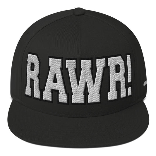 This image shows a black flat-brimmed SnapBack hat with the word RAWR! Embroidered in white large bold text front. Featured on the back is a small embroidered Caution: Toxic logo 