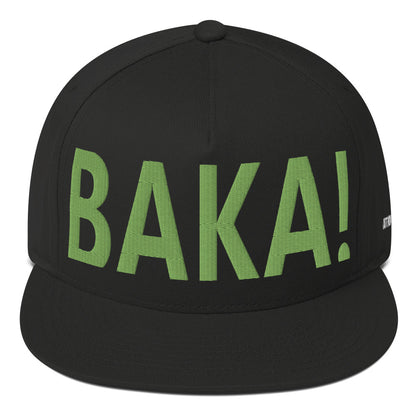 This image shows a flat-brimmed SnapBack hat with the word BAKA! Embroidered in lime green large bold text front. Featured on the back is a small embroidered Caution: Toxic logo 