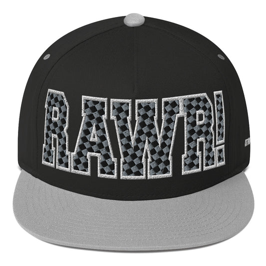 This image shows a flat-brimmed SnapBack hat with the word RAWR! Embroidered in gray and black checkered large bold text front. Featured on the back is a small embroidered Caution: Toxic logo 