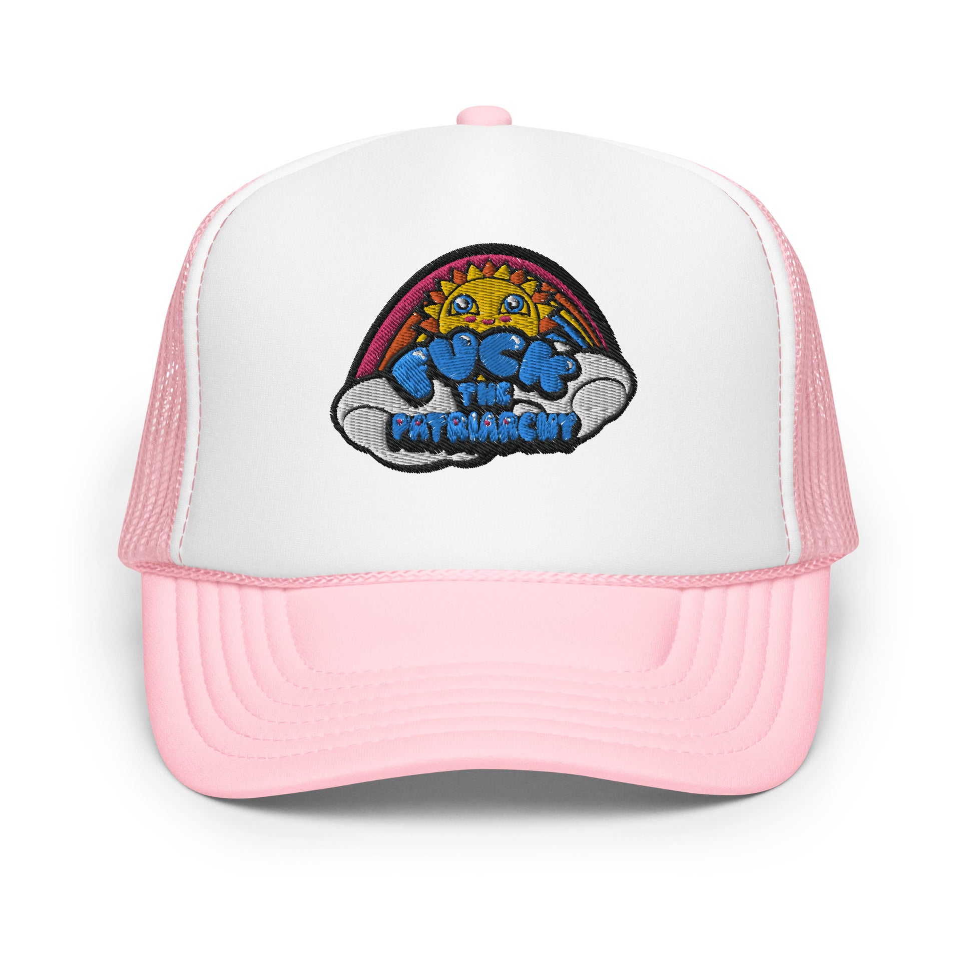 This pink trucker hat feature a embroidered design saying “fuck the patriarchy” in cute bubble letters surrounded by a happy sun, clouds and a rainbow 