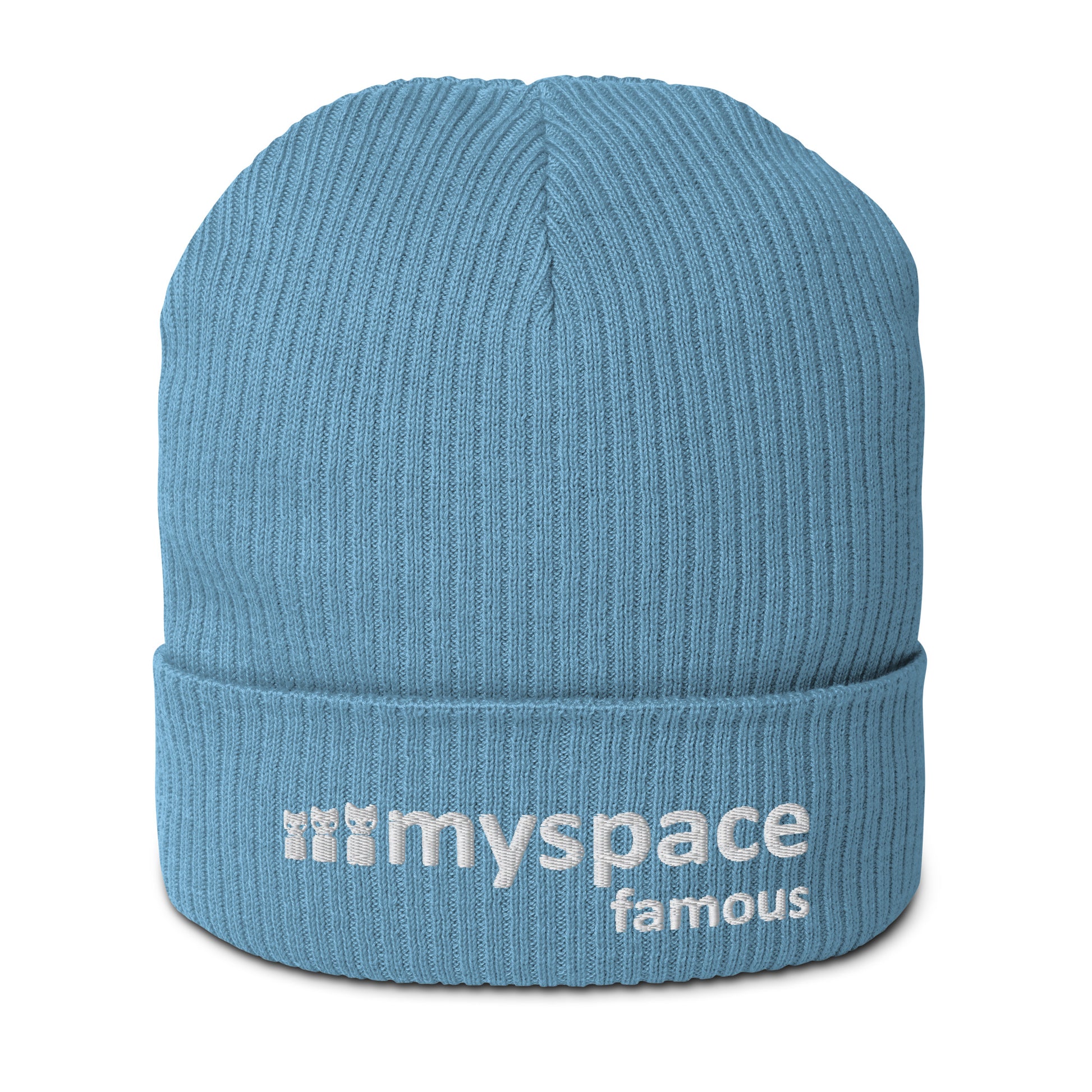 Light blue beanie with MySpace famous embroidered in white text along the bottom edge. Available also on black and light grey beanies which are featured in the next two images 