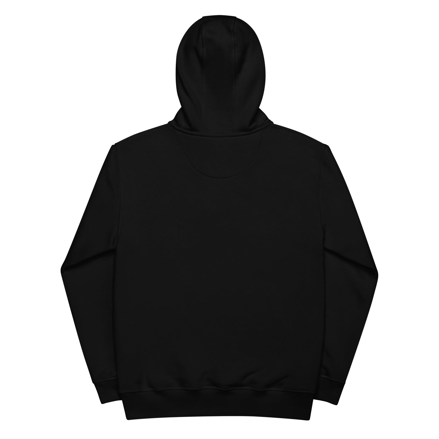 Back of black hoodie is unadorned 