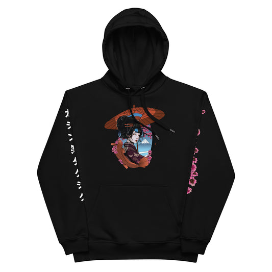 Black hoodie with graphic of punk tattooed and blue haired geisha holding an umbrella framed by a koi fish, Sakura, and Mount Fuji 