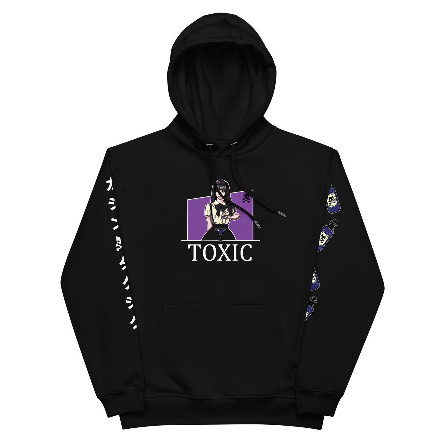 Black hoodie with graphic in front center of jirai kei woman in pigtails pouring poison into a martini glass with the word toxic in white text underneath