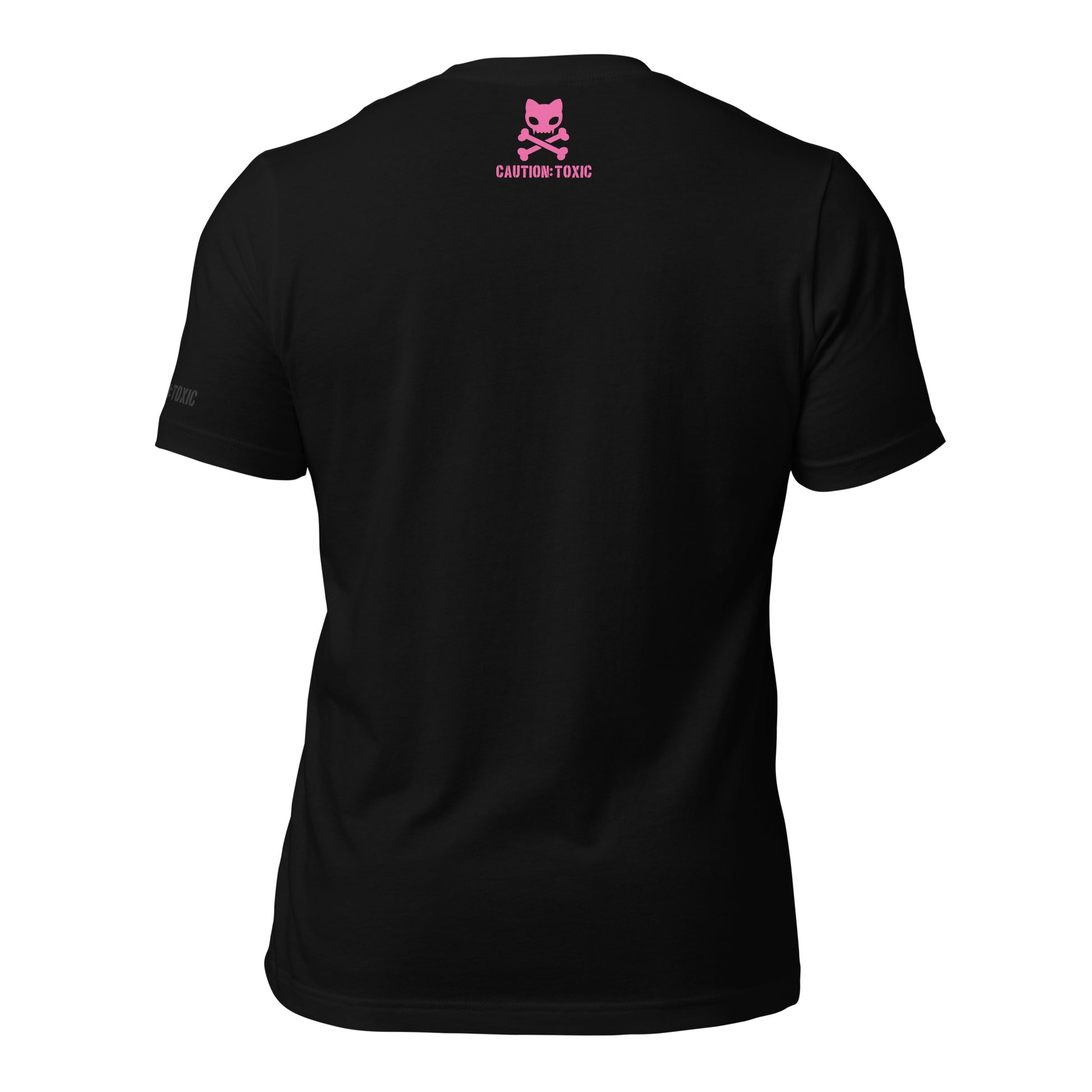 T-shirt back view with small hot pink logo on upper back 