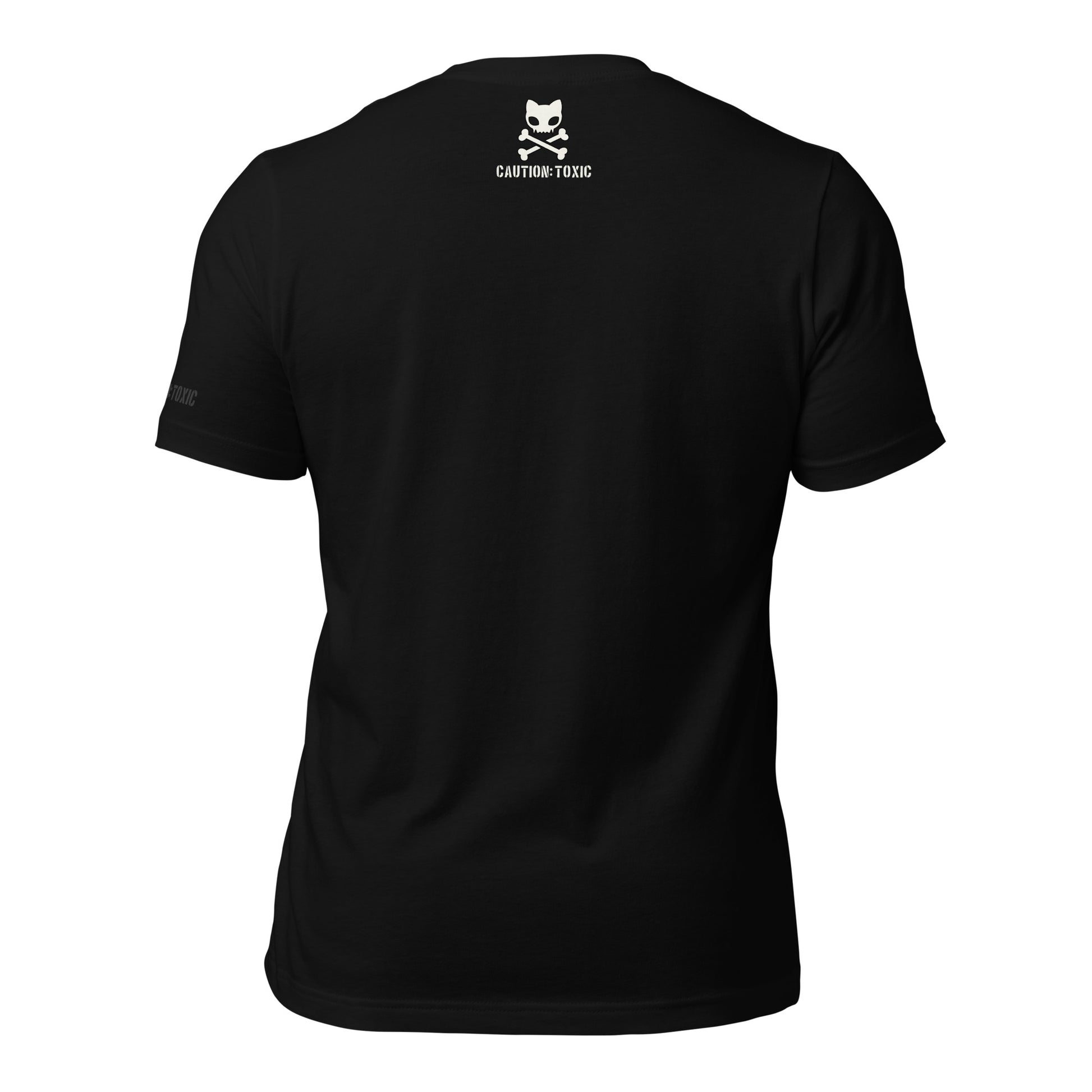 Image shows back view of black t shirt which features a small caution: toxic logo label on the upper back 