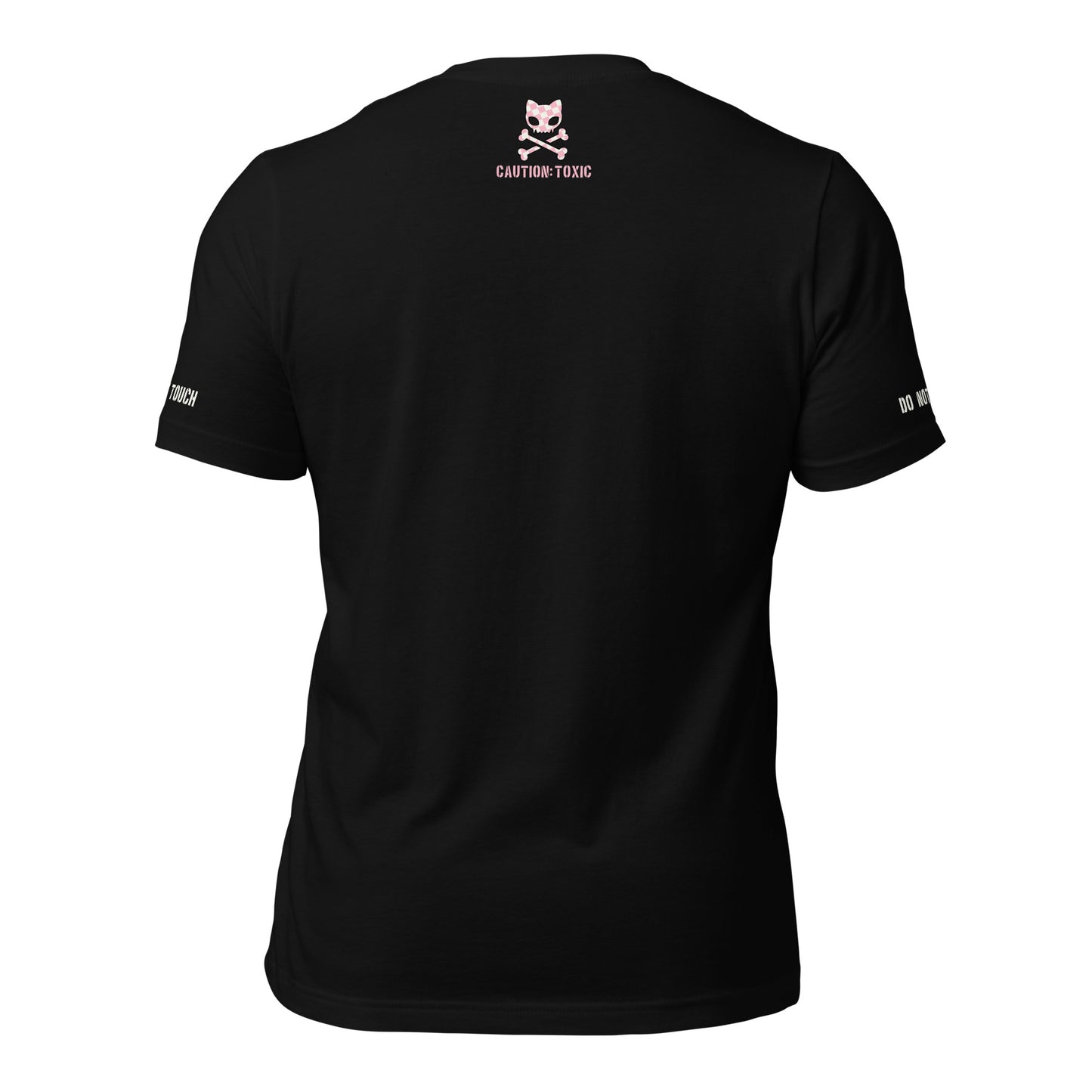 Back view of black t shirt featuring small caution toxic logo label on the upper back 