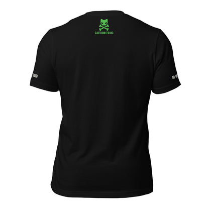 Image of back view of black t shirt featurijg small caution toxic logo label on the upper back 