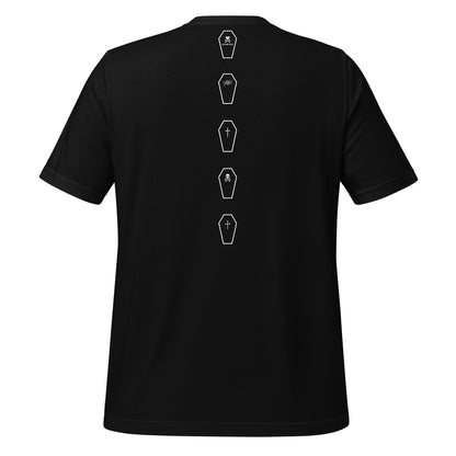 Back of black t shirt featured a long row of simplified coffins in a straight line down the back 