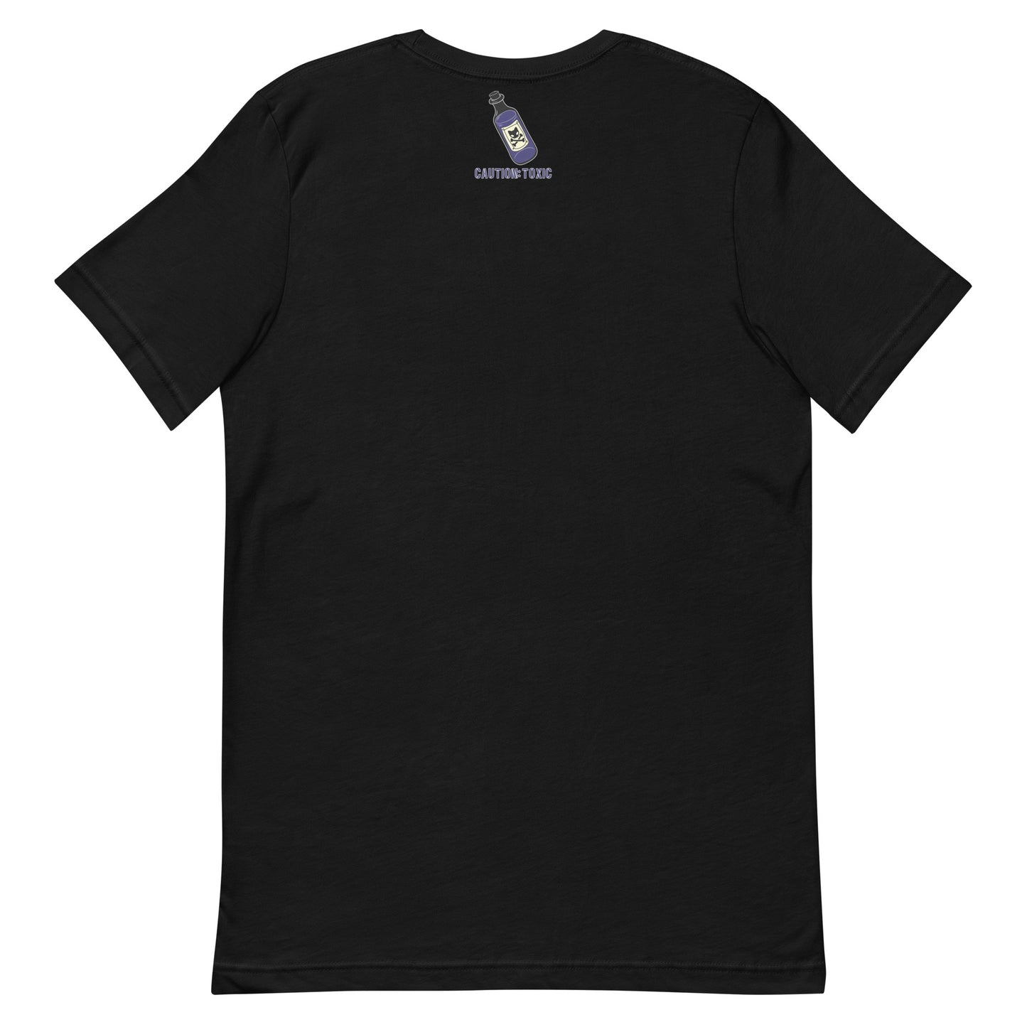 Back of black t shirt with small poison bottle outside label on upper back 