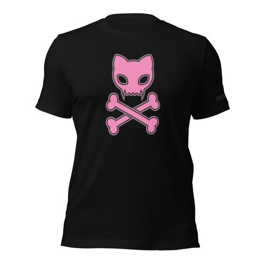 Image shows black t-shirt with hot pink kitty skull with crossbones logo with black stitching around the edges 