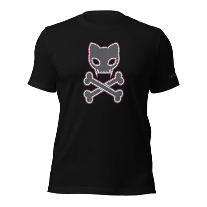 Image shows black t shirt featuring graphic of caution: toxic kitty skull and crossbones logo in soft black outlined in hot pink and white with stitching around the edges 