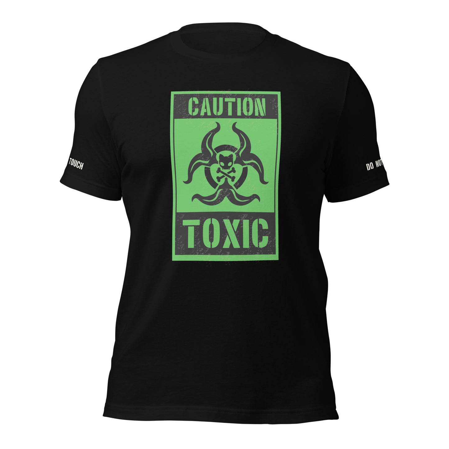 Image shows black t shirt with graphic that looks like a toxicity caution sign that says CAUTION TOXIC in lime green and black. On the sleeves along the edge it says DO JOT TOUCH 