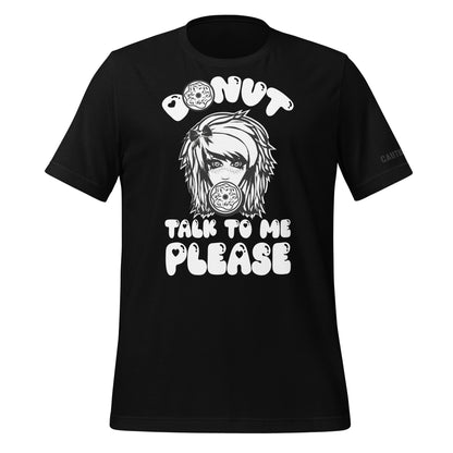 Image shows black t shirt featuring a white graphic of a scene girl with a donut over her mouth surrounded by text that says donut talk to me please