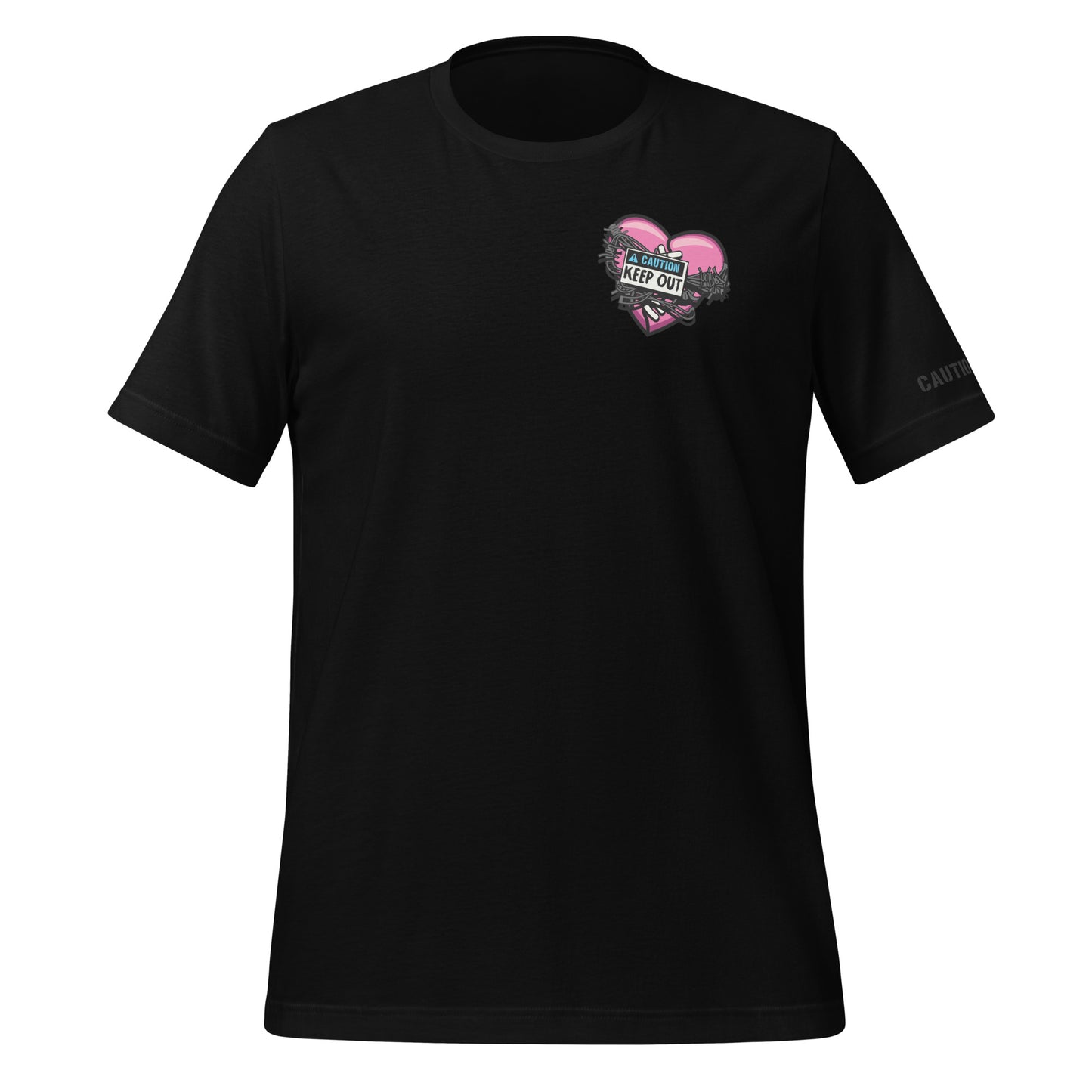 Image of black t-shirt with graphic of heart on the left chest. The heart is wrapped in barbed wire and has a CAUTION: KEEP OUT sign on it 