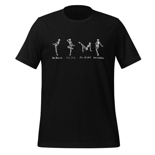 I age shows black tee on white background with a black and white graphic that depicts four skeletons all in pinup poses
. Under each skeleton is some handwritten text labeling each skeleton as: Dita Bone-ita, Kelly Skelly, River Ra-Skull and Nara Nobody