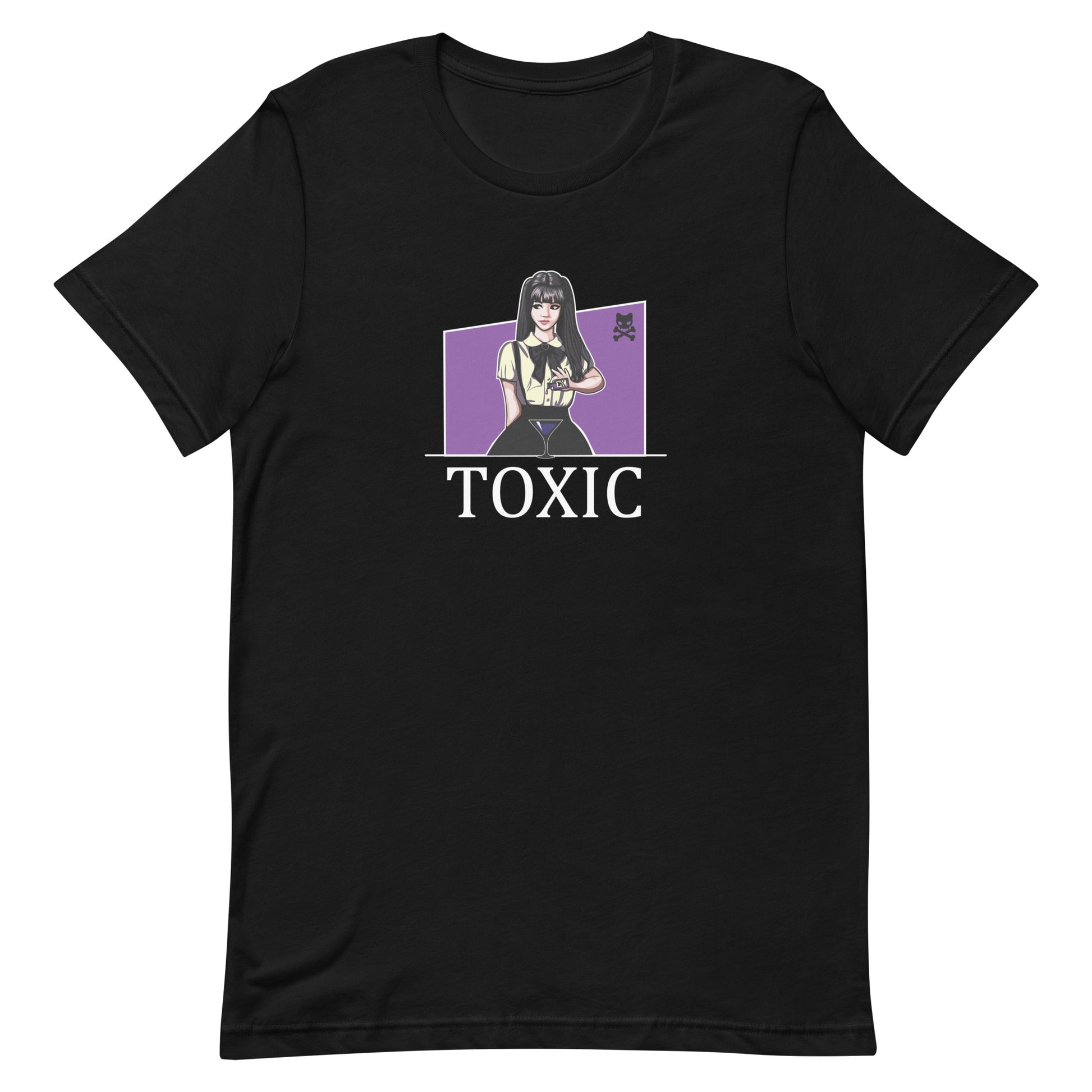 Black t shirt featuring graphic of jirai kei woman in pigtails pouring poison in a martini glass with the word toxic in white text underneath