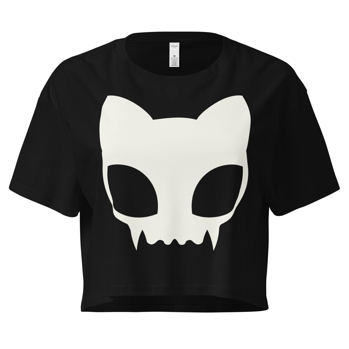 Image of black cropped tee featuring a large cute white kitty skull on the front 