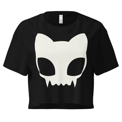 Image of black cropped tee featuring a large cute white kitty skull on the front 