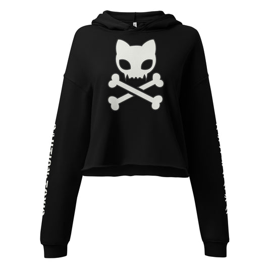 This black cropped hoodie features a large caution toxic logo in white which is a cute stylized cat skull and crossbones 