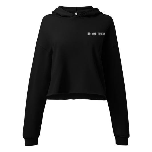 This cropped black hoodieis embroidered with do not touch over the left chest 