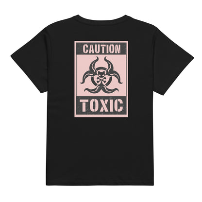 Back view of black t shirt which has a large graphic that shows a caution toxic sign with a toxicity symbol in the center with the caution toxic logo in the center. The graphic is black and light pink 