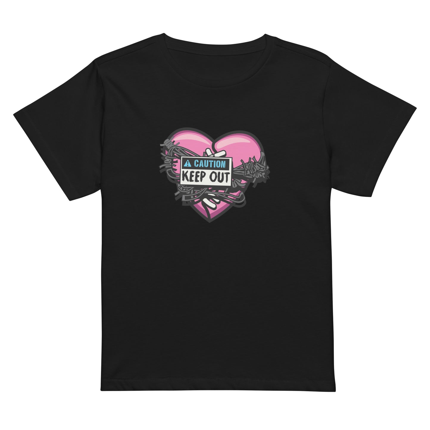 Image shows black moderately cropped tee with hot pink heart wrapped in barbed wire with a large Caution: KEEP OUT sign on it 