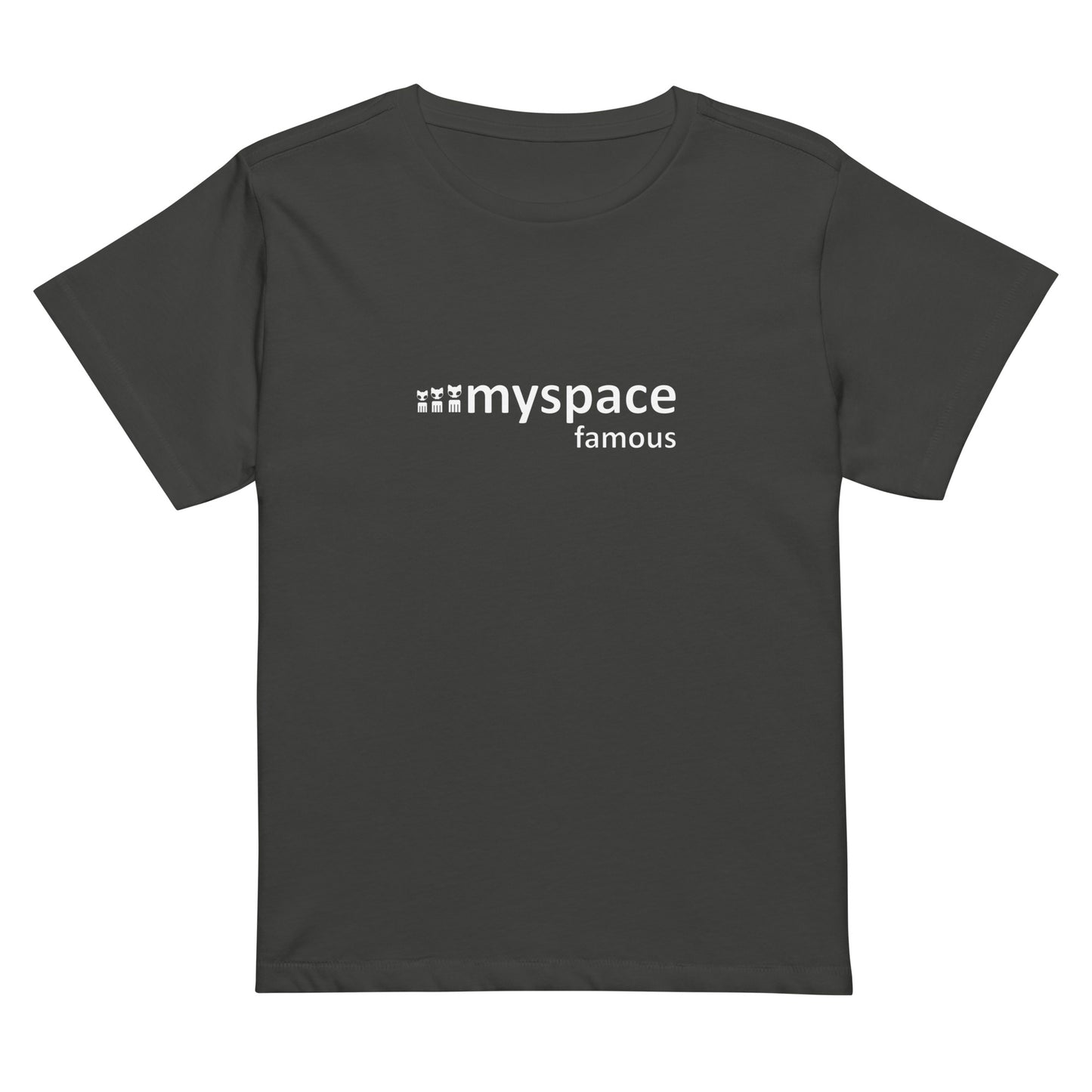 Black womens cut cropped tee in faded vintage black with the words MySpace famous print in white text in the center front of the tee 