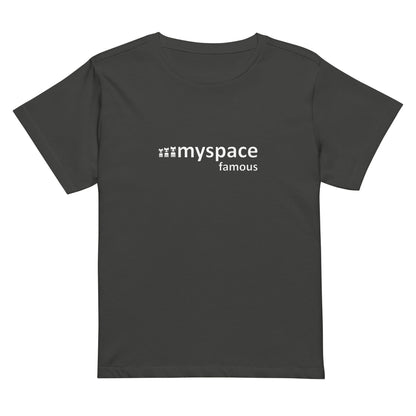 Black womens cut cropped tee in faded vintage black with the words MySpace famous print in white text in the center front of the tee 