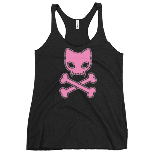 Image shows black womens tank top featuring caution: toxic kitty skull and crossbones logo in hot pink outlined in white and black with fake stitching around
The edges 